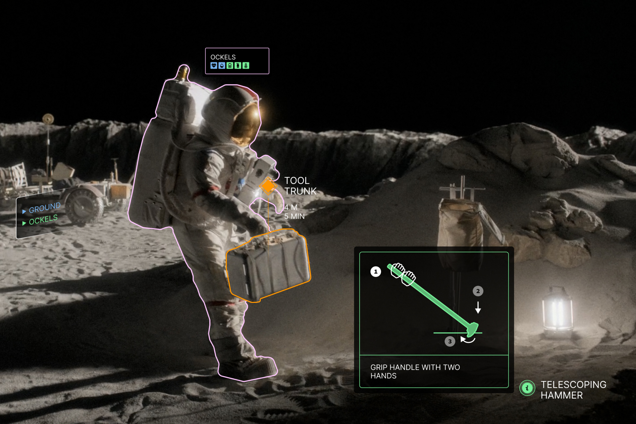 Fully annotated scene of science sampling site with one astronaut. Features tool demonstration animation, minimized astronaut card and outline on astronaut, ping waypoint on tool trunk, and comms panel.