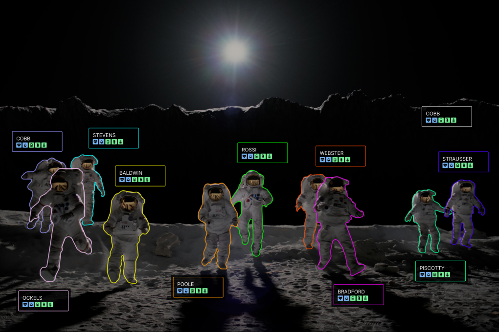 Ten running astronauts outlined and annotated with minimized astronaut cards.