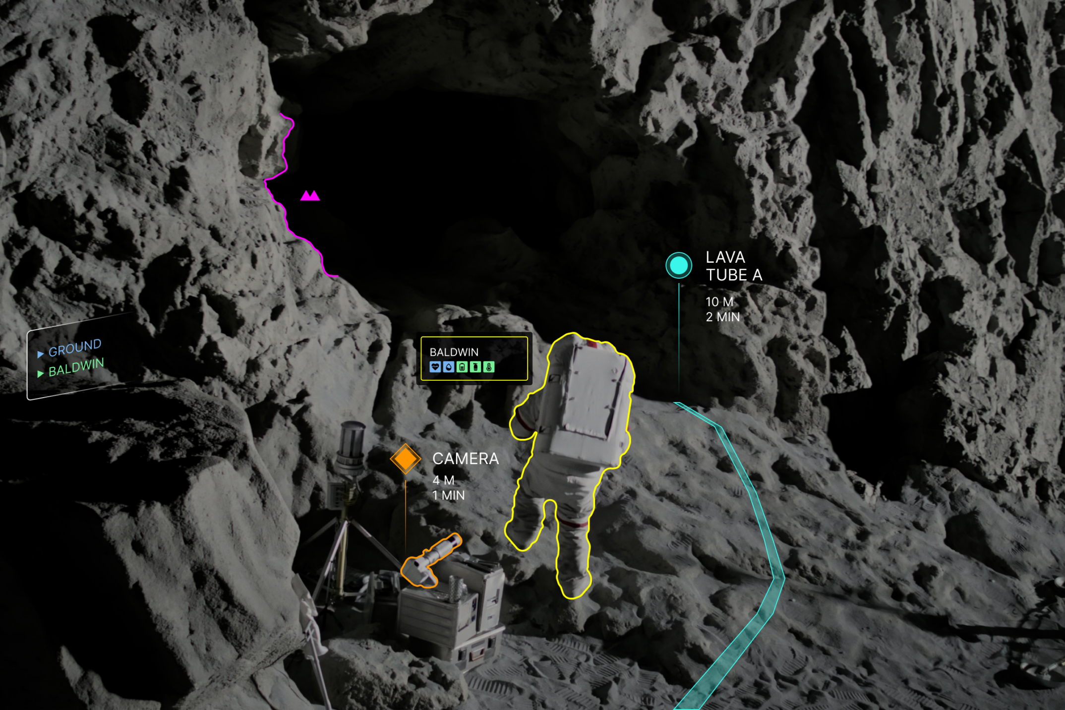 Fully annotated scene of lava tube opening, astronaut, and tools. Features destination waypoint and geographical annotation on lava tube, minimized astronaut card and outline on astronaut, ping waypoint on camera, and comms panel.