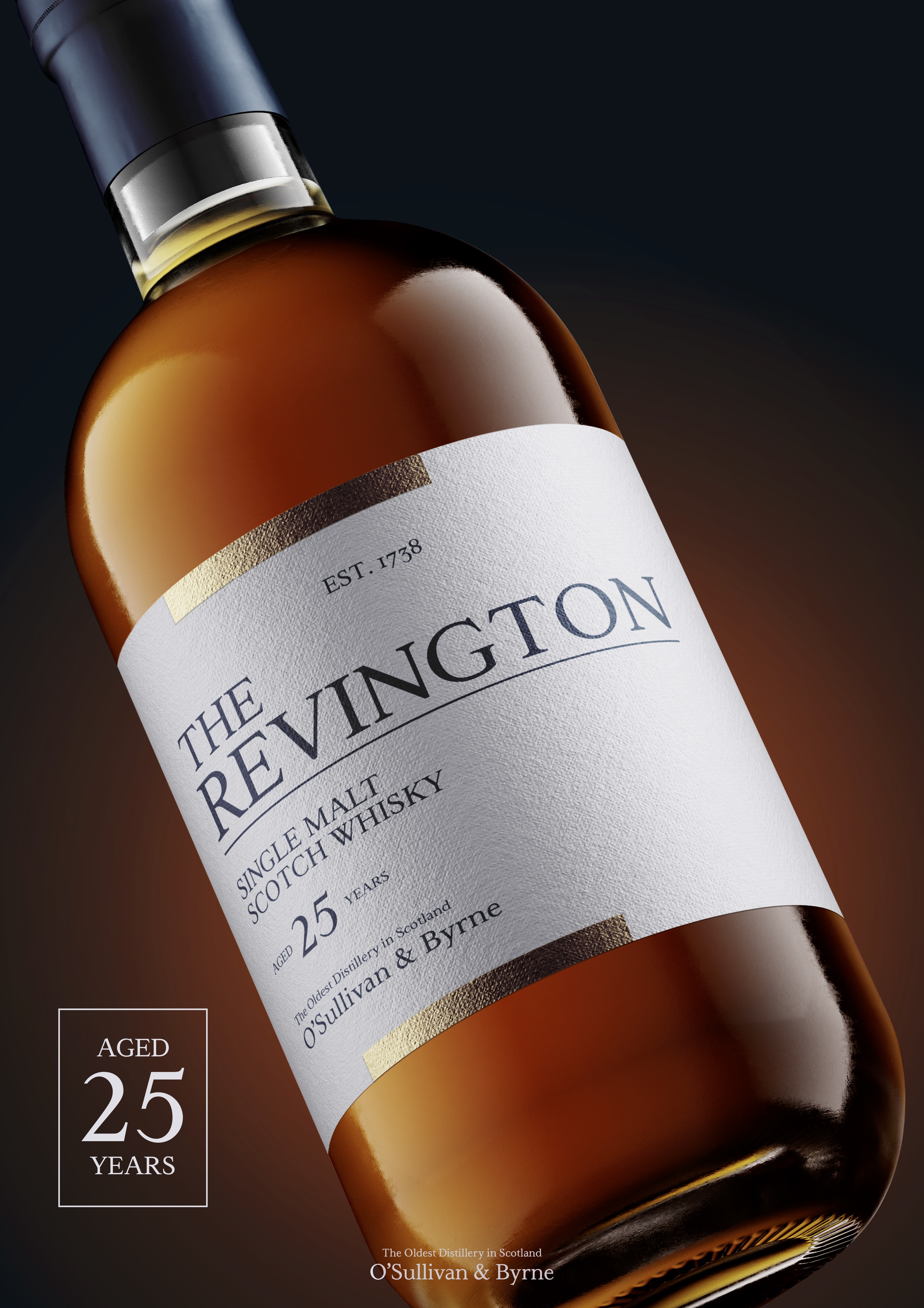 Advertisement poster for fictitious Revington single malt scotch whiskey using Wimbledon typeface.