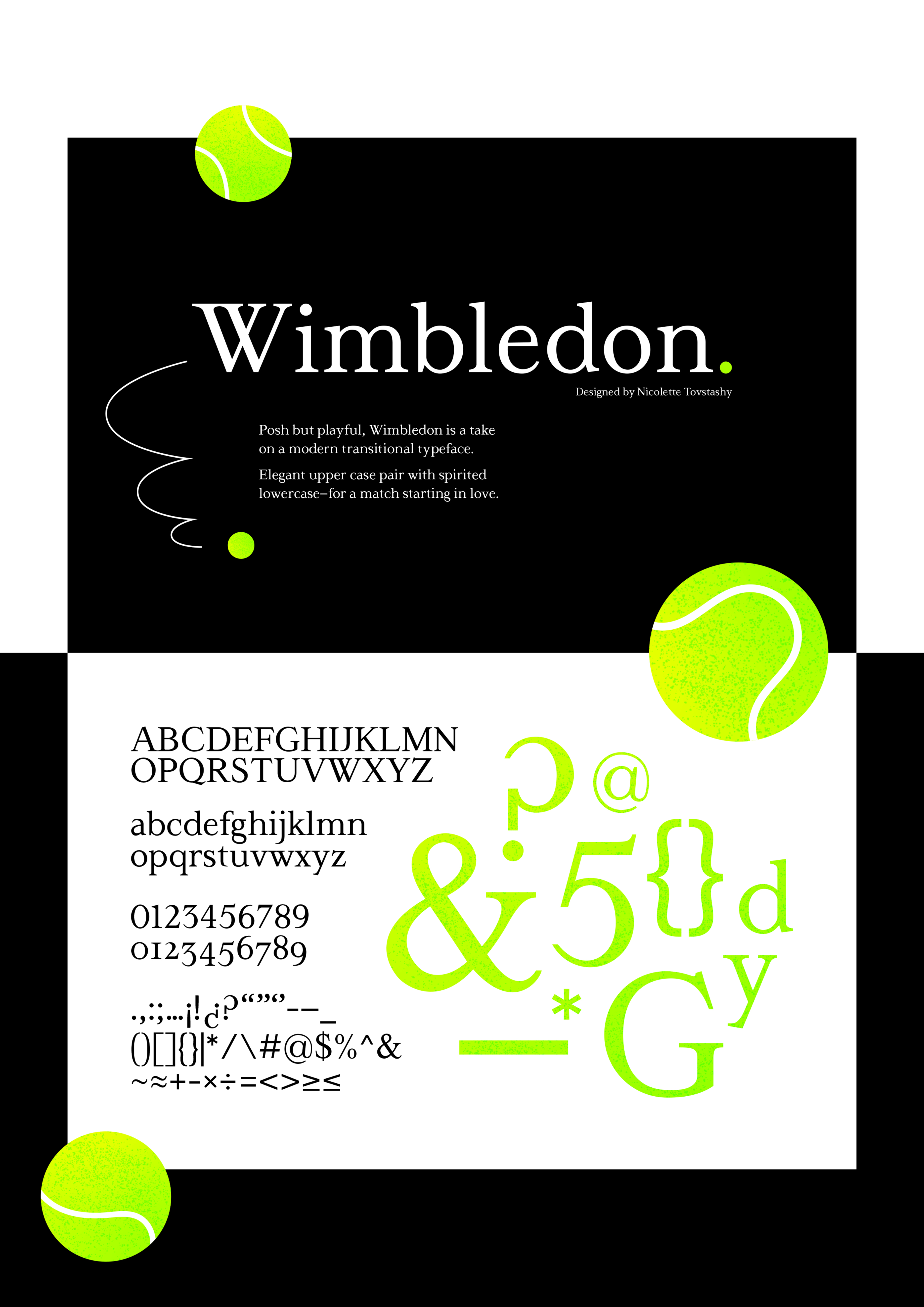 Tennis-themed poster of Wimbledon type specimen.